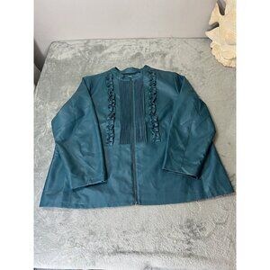Susan Graver Women’s Teal Faux Leather Jacket Ruffle Front Classy NWOT
